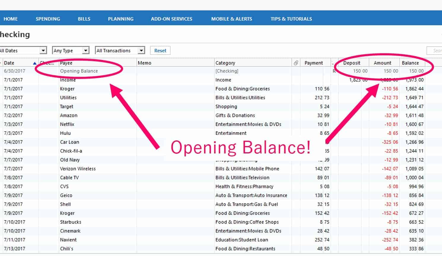 Opening Balance in Quicken