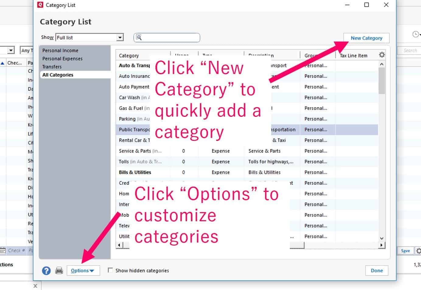 Create category in Quicken