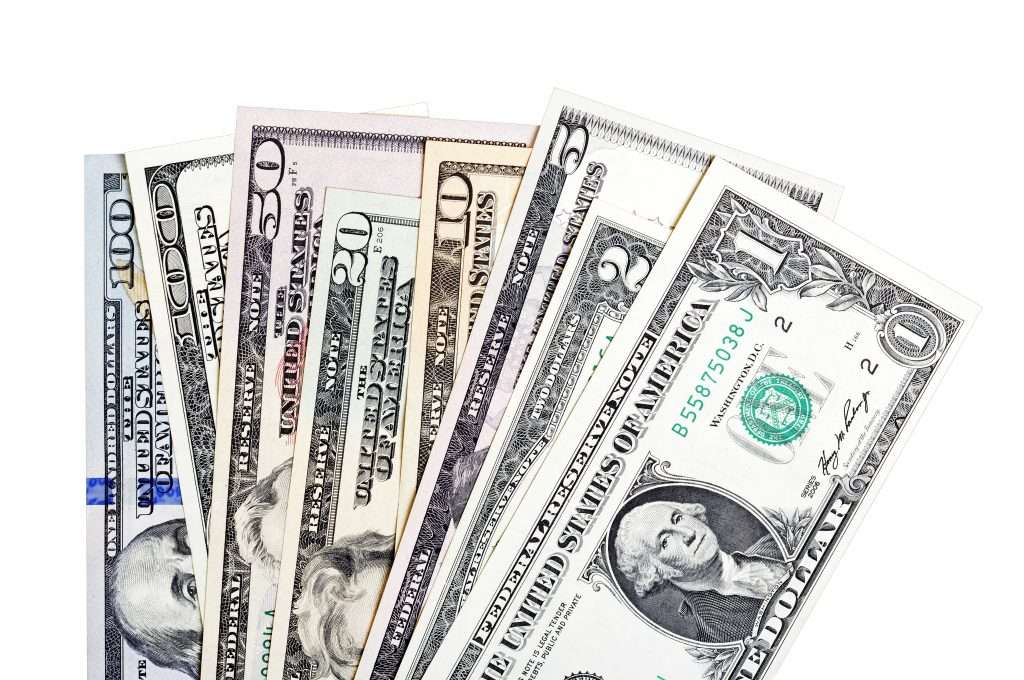 1, 2, 5, 10, 20, 50, 100 U.S. dollars bills, isolated on white background