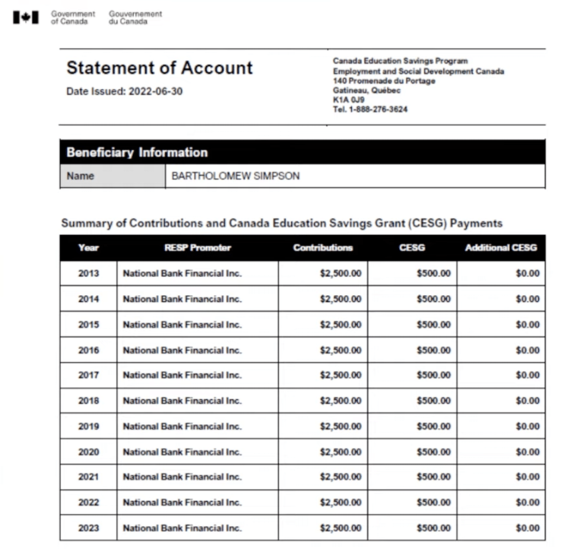 RESP statement of account